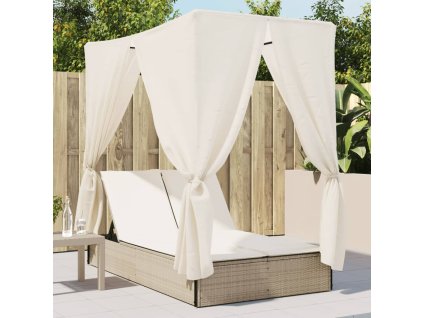 Multidom Dvojité ležadlo so strieškou a závesmi béžové polyratan