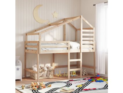 Multidom Vyvýšená posteľ rebrík strecha biela 90x200 cm masívna borovica