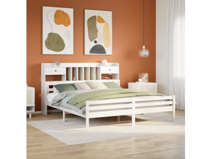 Multidom Posteľ s knižnicou bez matraca biela 180x200cm borovicový masív