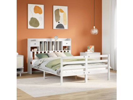 Multidom Posteľ s knižnicou bez matraca biela 140x190cm borovicový masív