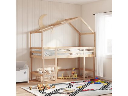 Multidom Vyvýšená posteľ rebrík strecha 90x190 cm masívna borovica