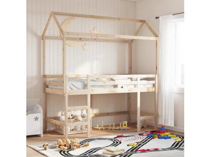 Multidom Vyvýšená posteľ rebrík strecha biela 90x200 cm masívna borovica