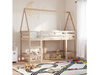 Multidom Vyvýšená posteľ rebrík strecha biela 90x200 cm masívna borovica