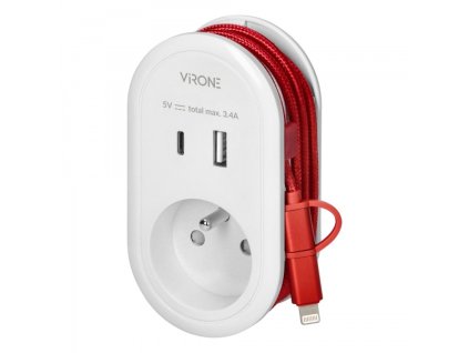 Zásuvka 230V s USB + USB-C nabíjačkou a kablom USB-C + lightning