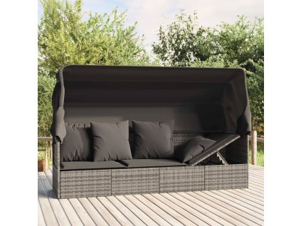 Multidom Vonkajšie lehátko so strieškou a vankúšmi sivé polyratan