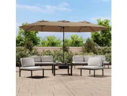 Multidom Záhradný slnečník, dvojitá strieška+LED, sivohnedý 449x265 cm