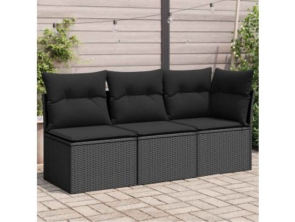 Multidom Záhradná pohovka s vankúšmi, 3-miestna, čierna, polyratan