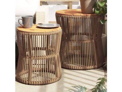 Multidom Záhradné bočné stolíky s drevenou doskou 2 ks béžové polyratan