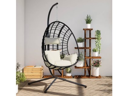 Multidom Závesné kreslo vajíčko so stojanom béžové ratan a oceľ