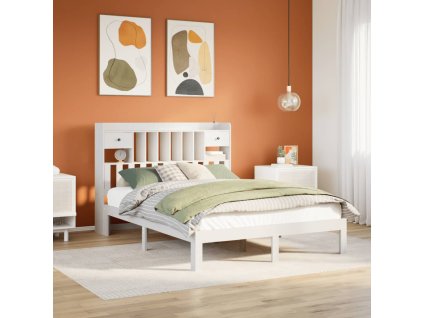Multidom Posteľ s knižnicou bez matraca biela 135x190cm borovicový masív