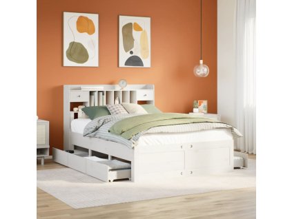 Multidom Posteľ s knižnicou bez matraca biela 140x190cm borovicový masív