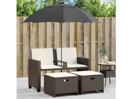 Multidom Záhradná pohovka 2-miestna slnečník+taburetky hnedá polyratan