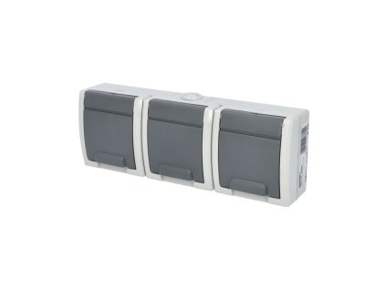 ATLAS IP55 Zásuvka 3x 2P+PE, 3-násobná vodorovná s ochr. kolíkem, šedá