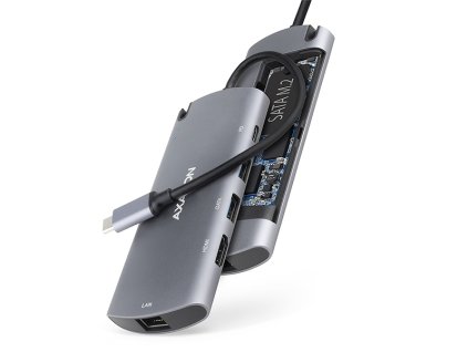 AXAGON HMC-6M2, USB 3.2 Gen 1 hub, 2x USB-A, HDMI, RJ-45 GLAN, SATA M.2, PD 100W, kábel USB-C 18cm