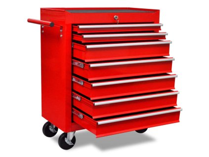 Červený dielenský vozík na náradie so 7 zásuvkami