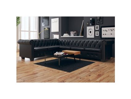 Multidom Rohová pohovka Chesterfield, 6-miestna, umelá koža, čierna