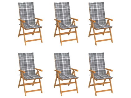 Multidom Záhradné stoličky 6 ks, sivé kockované podložky, tíkový masív