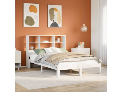 Multidom Posteľ s knižnicou bez matraca biela 140x200cm borovicový masív