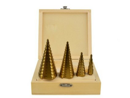 Vrtáky stupňovité, sada 4ks, 4-12mm, 4-20mm, 4-32mm, 4-39mm, dřevěná kazeta, TiN GEKO