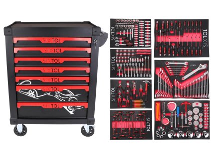 Dílenský vozík na nářadí MECHANIC TROLLEY KEVIN 326, 7 šuplíků, 326 ks nářadí SIXTOL