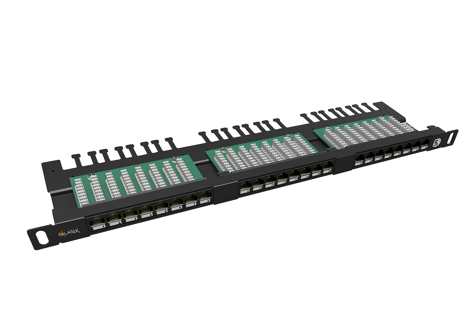 E-shop Patch panel Solarix 24xRJ45 CAT5E UTP s vyvazovací lištou černý 0,5U SX24HD-5E-UTP-BK