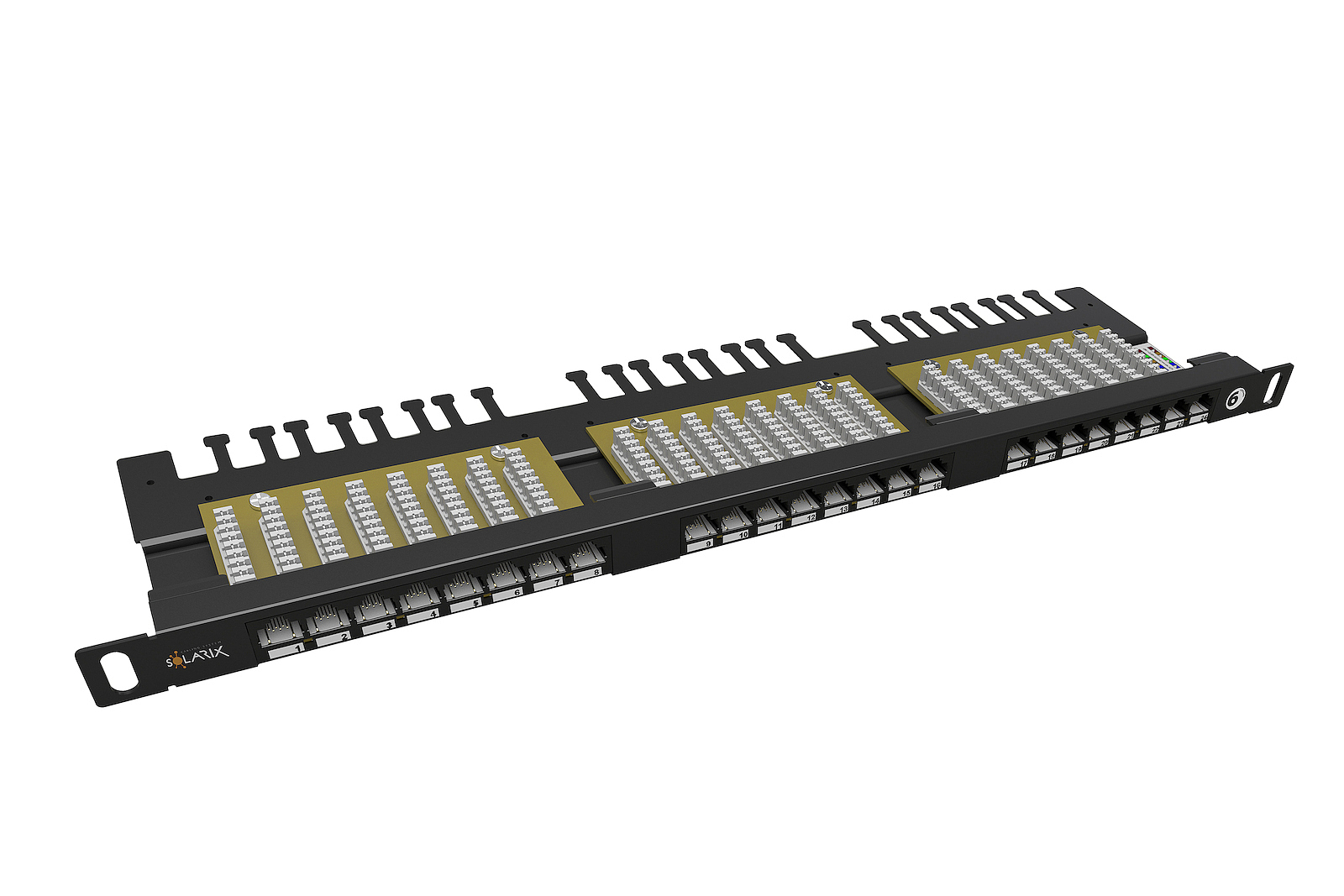 E-shop Patch panel Solarix 24xRJ45 CAT6 UTP s vyvazovací lištou černý 0,5U SX24HD-6-UTP-BK