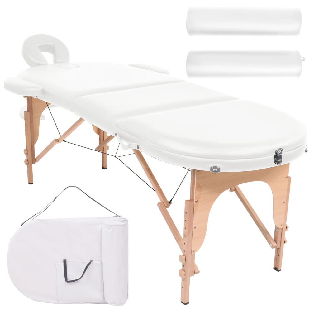 E-shop Multidom Skladací masážny stôl, 4 cm hrubý, 2 podhlavnky, oválny, biely
