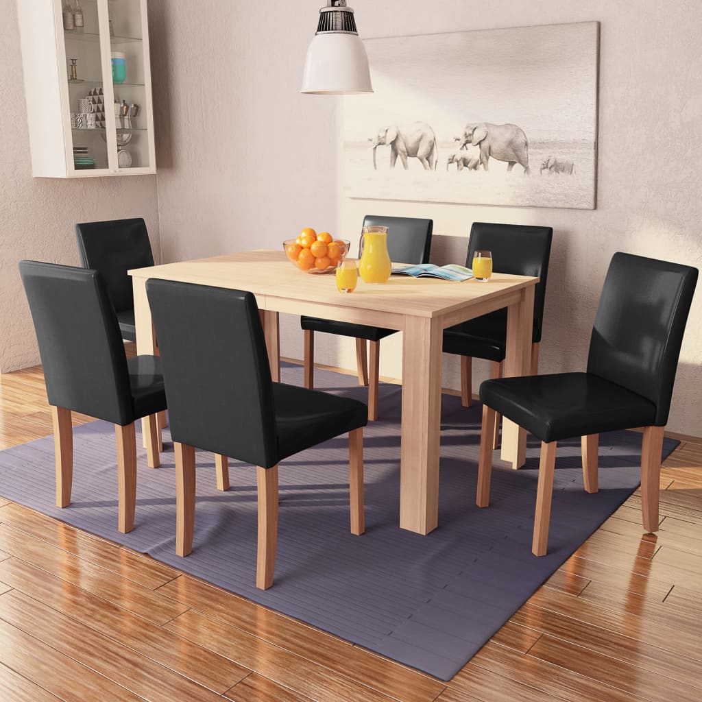 E-shop Multidom Jedálenský stôl a stoličky, 7 ks, umelá koža a dubové drevo, čierne