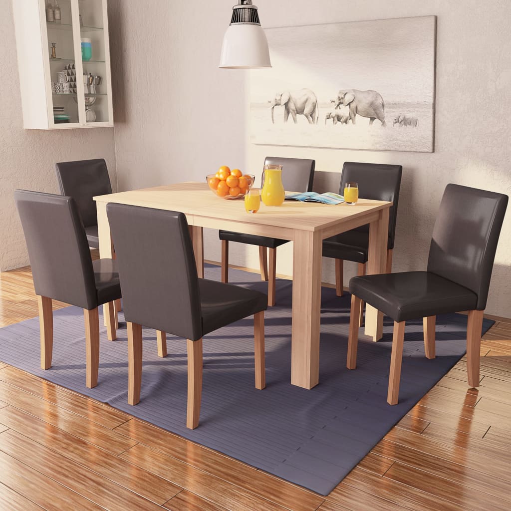 E-shop Multidom Jedálenský stôl a stoličky, 7 ks, umelá koža a dubové drevo, hnedé