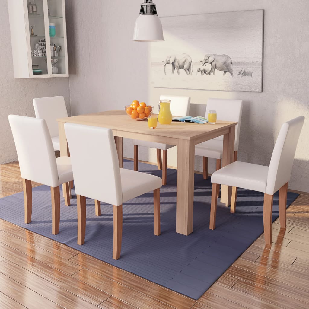 E-shop Multidom Jedálenský stôl a stoličky, 7 ks, umelá koža a dubové drevo, krémové