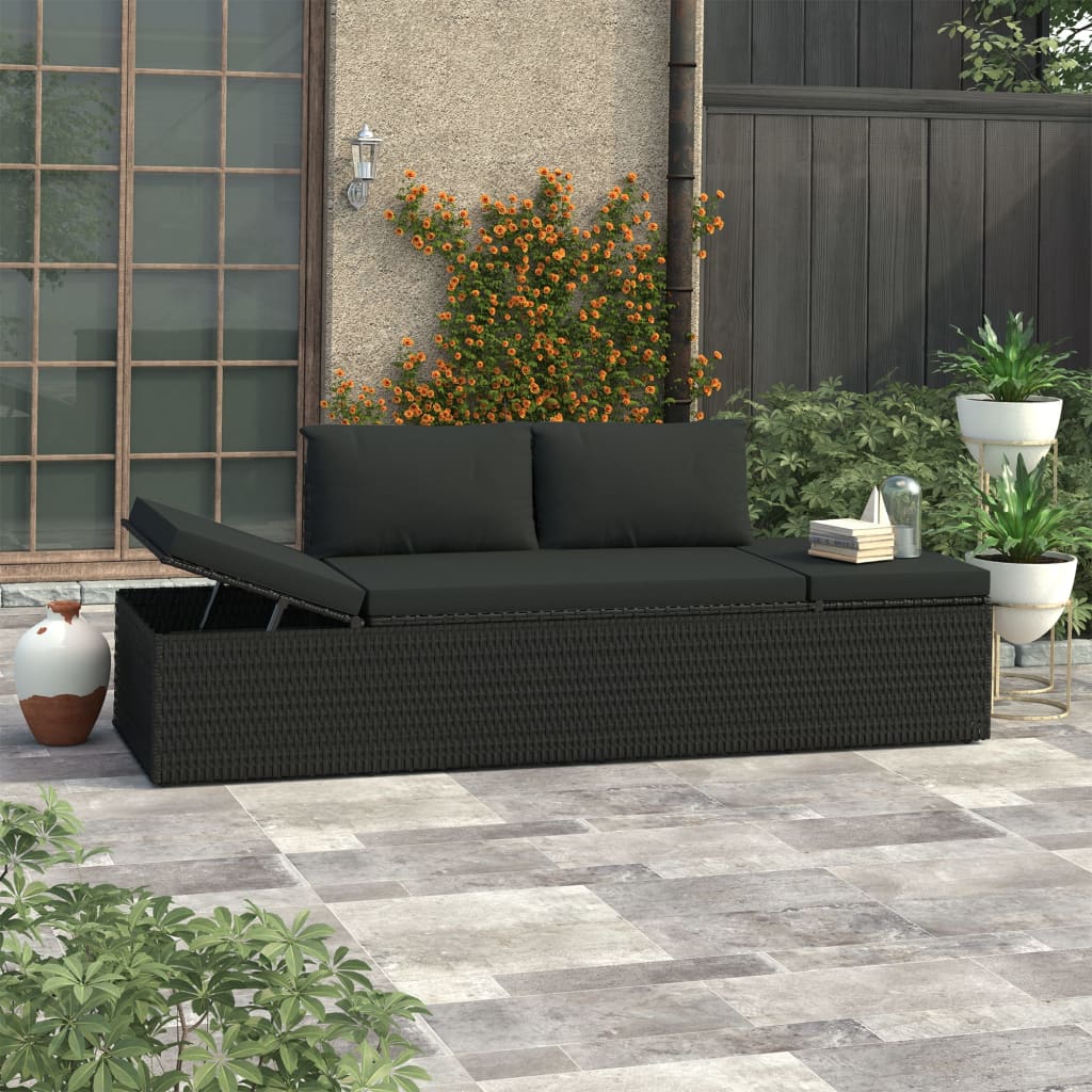E-shop Multidom Záhradné ležadlo s vankúšmi čierne polyratanové