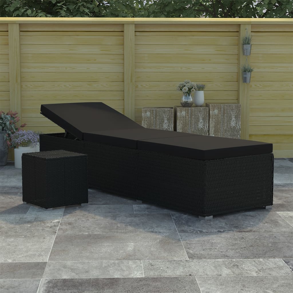 E-shop Multidom Záhradné ležadlo s vankúšom a čajovým stolíkom čierne polyratanové