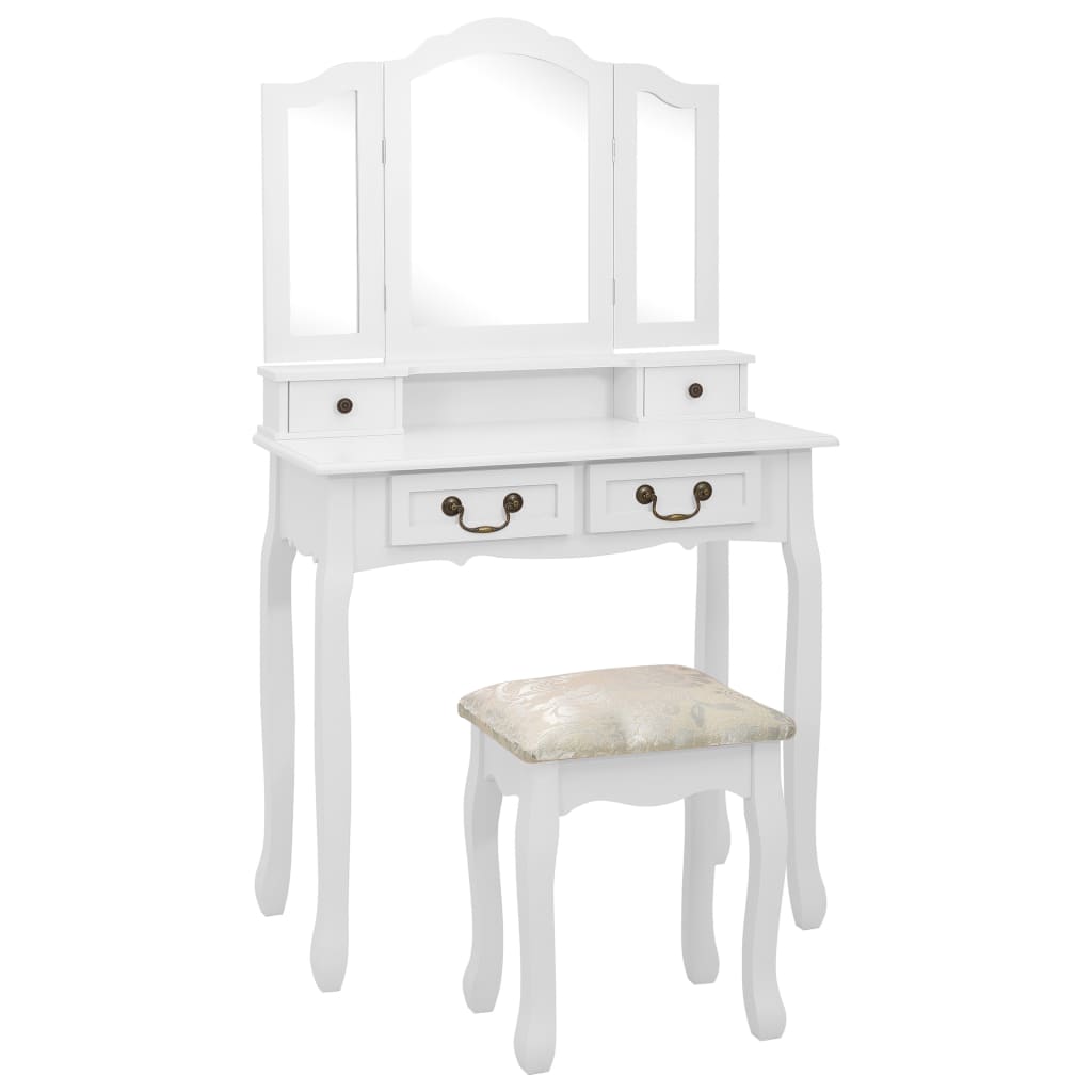 E-shop Multidom Toaletný stolík so stoličkou, biely 80x69x141 cm, paulovnia