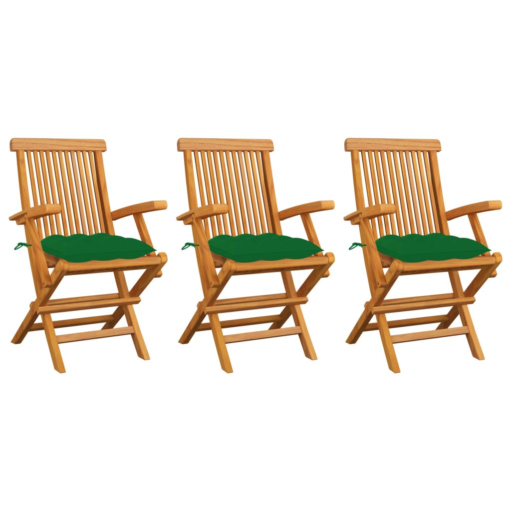 E-shop Multidom Záhradné stoličky so zelenými podložkami 3 ks tíkový masív