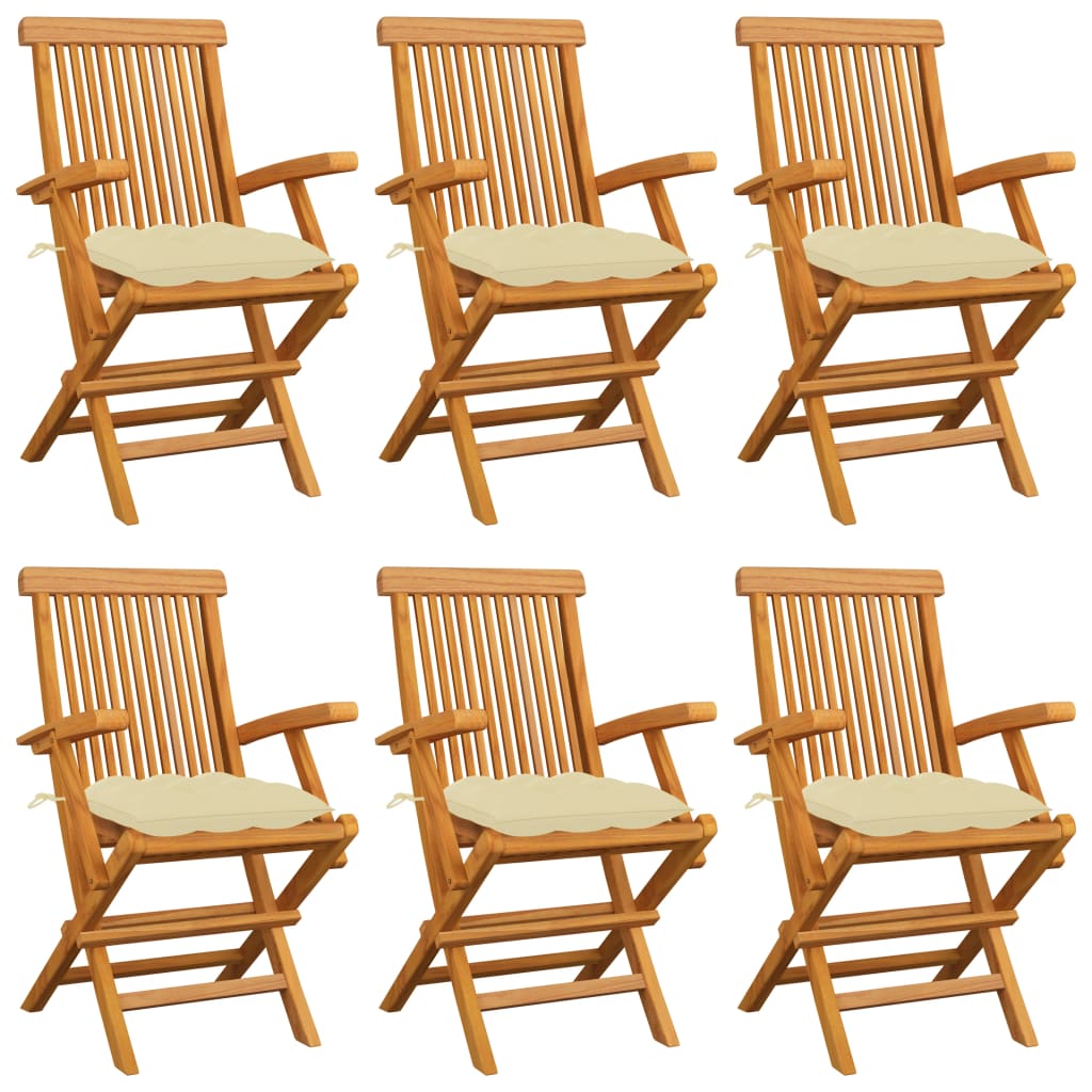 E-shop Multidom Záhradné stoličky s krémovo-bielymi podložkami 6 ks tíkový masív