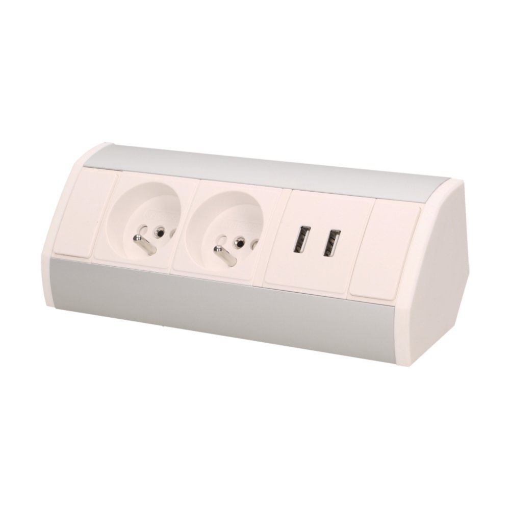 Povrchová zásuvka ORNO OR-GM-9003/WG, rohové púzdro, 2x 230V, 2x USB nabíjací, farba biela-strieborná