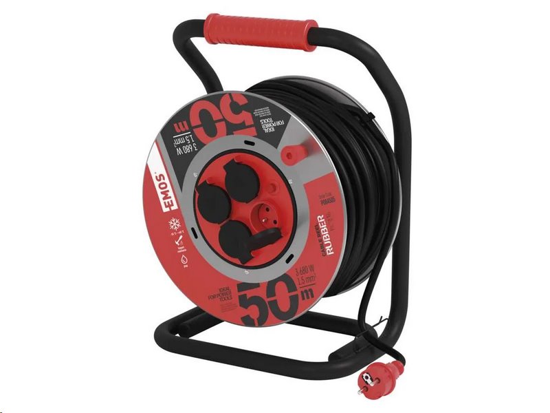 E-shop Predlžovací kábel EMOS P084505 PROFI na kovovom bubne 50m / 3x1,5mm guma / 4 zásuvky P084505