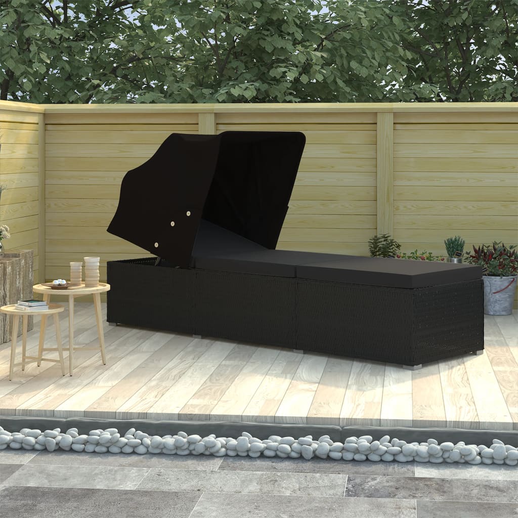 E-shop Multidom Záhradné ležadlo so strieškou a podložkou polyratanové čierne