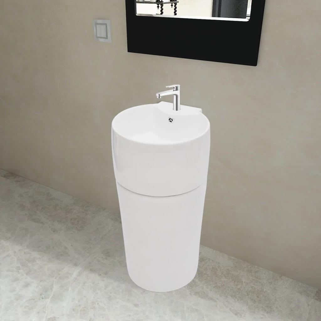 E-shop Multidom Biele stojace okrúhle keramické umývadlo do kúpeľne s prepadom a otvorom na batériu
