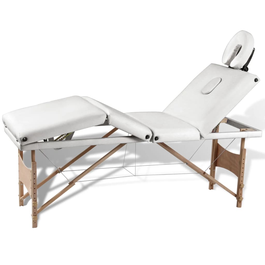 E-shop Multidom Krémovo biely skladací masážny stôl so 4 zónami a dreveným rámom