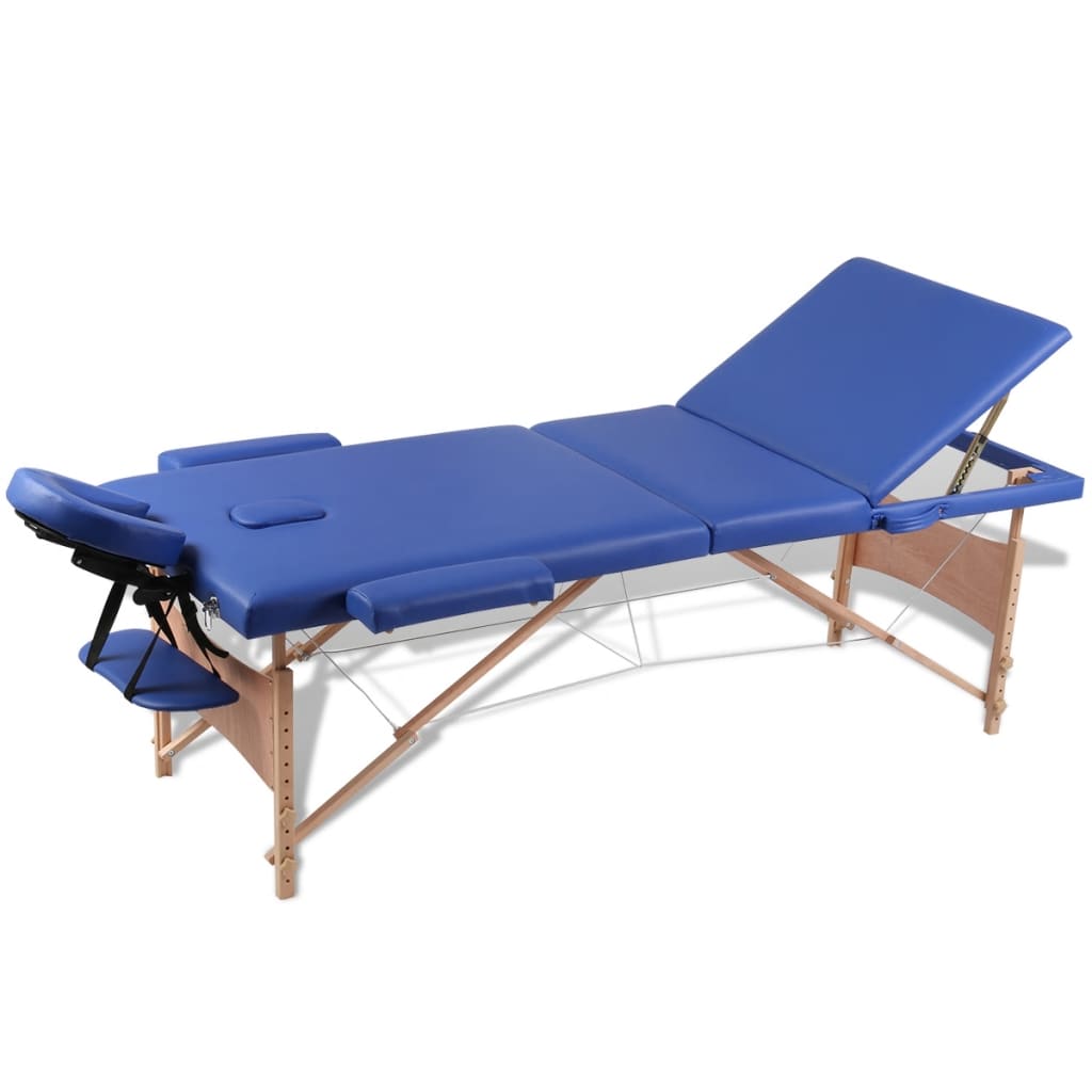 E-shop Multidom Modrý skladací masážny stôl s 3 zónami a dreveným rámom