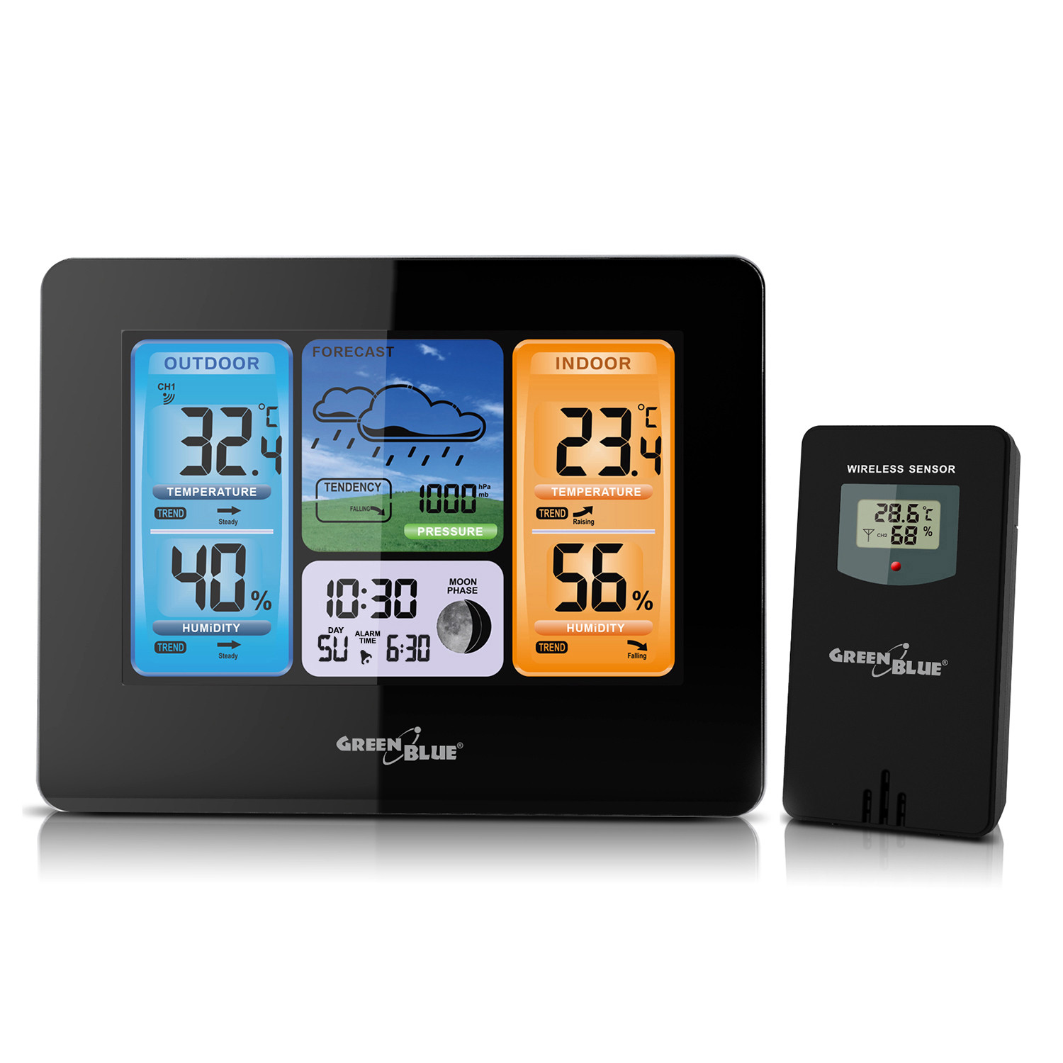 E-shop GreenBlue Bezdrôtová meteostanica GreenBlue, farebná, s DCF, fázy mesiaca, GB526