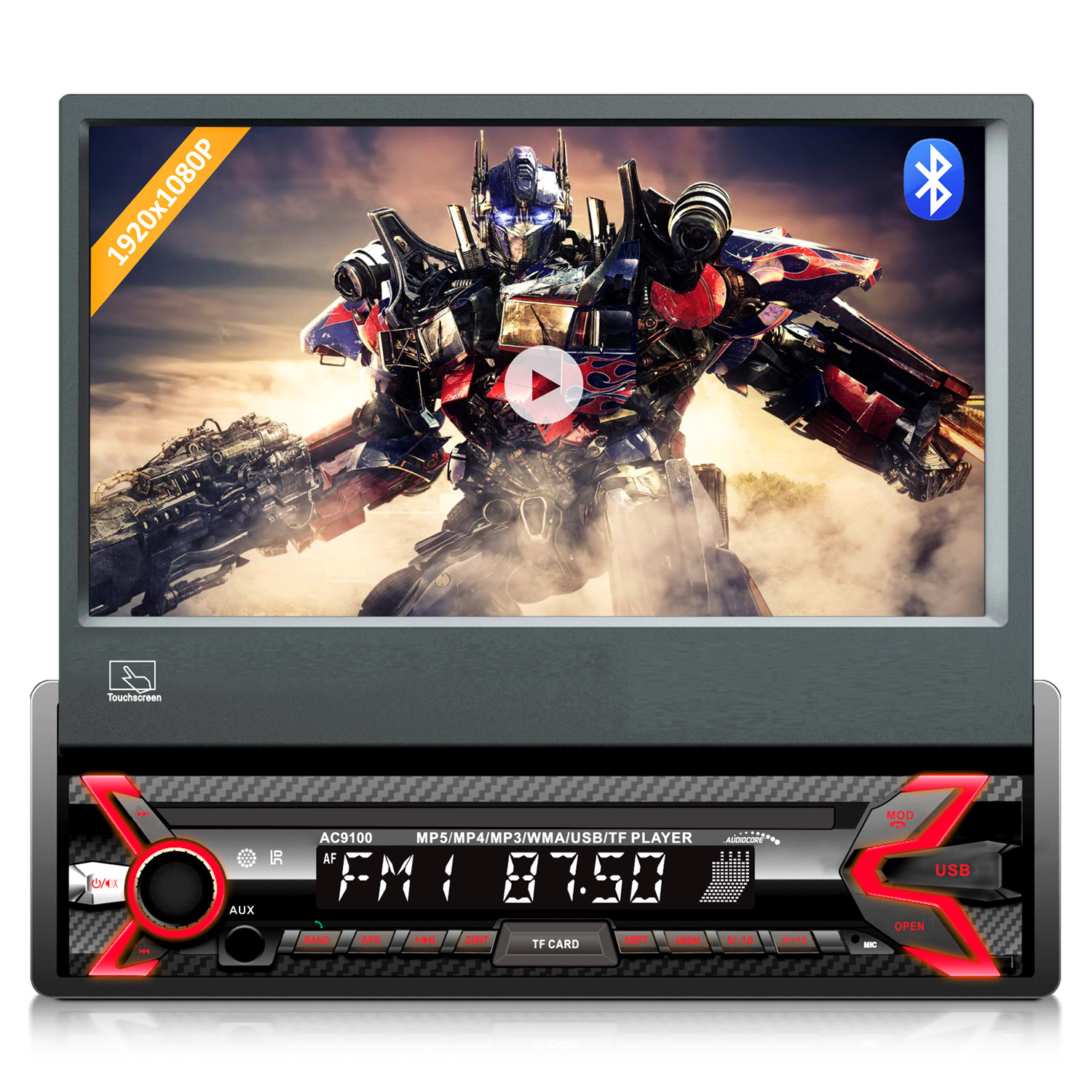 E-shop Audiocore Autorádio Audiocore, 7" výsuvný LCD dotykový panel 1080P, MP5, AVI DivX, Bluetooth, RDS, diaľkové ovládanie v cene, AC