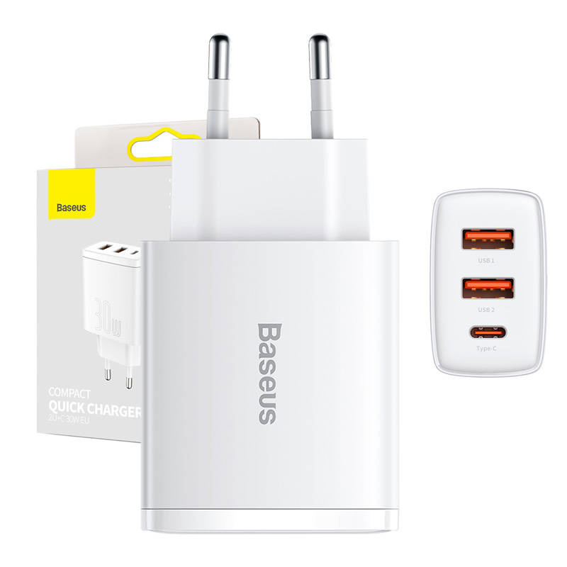 E-shop Nabíjačka Baseus Compact Quick Charger, 2xUSB, USB-C, PD, 3A, 30W (biela)