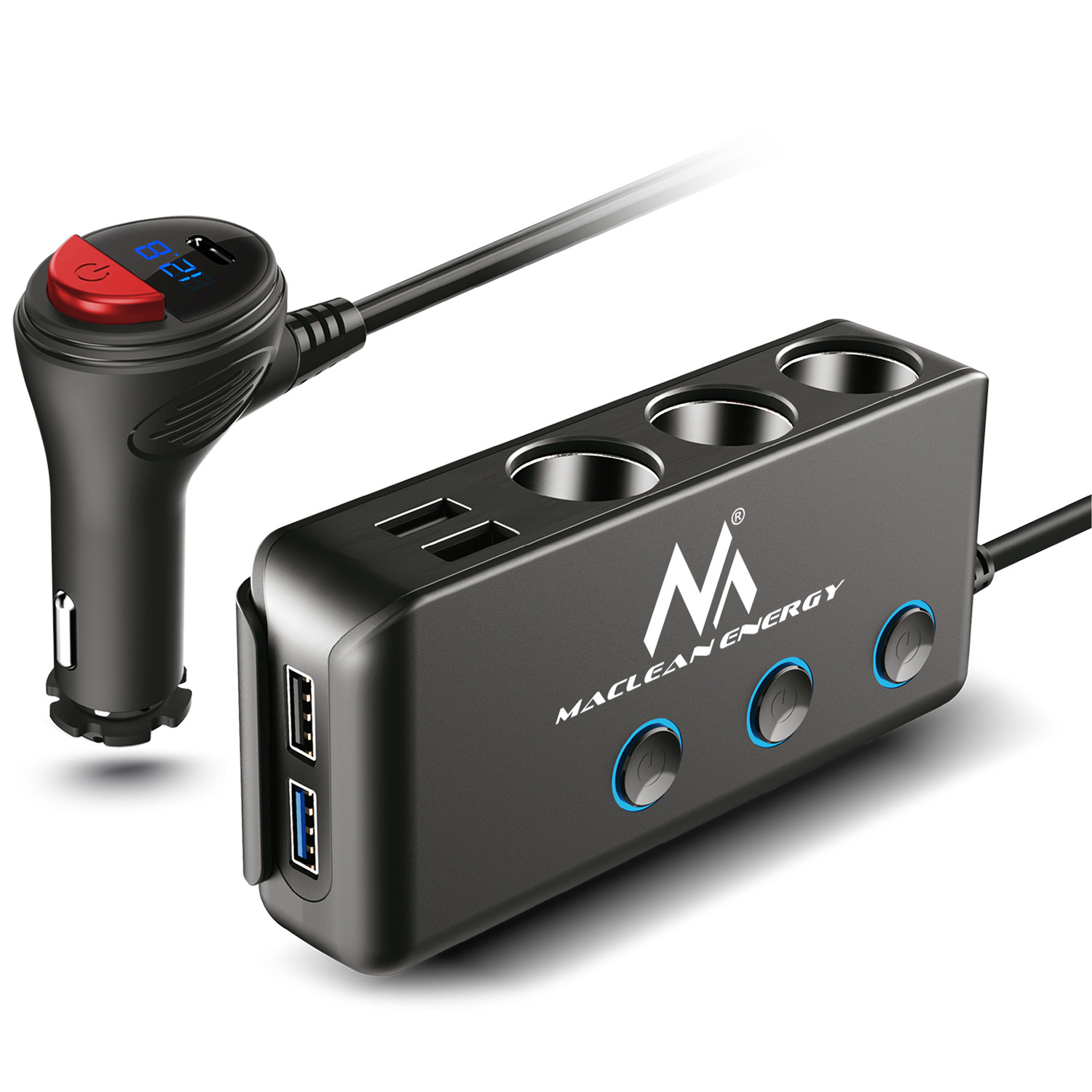 Maclean rozdeľovač zásuviek zapaľovača, voltmeter, 3 zásuvky zapaľovača, 1xQC 3.0, 3xUSB, 6,8A, 1xPD 18W, max. 12