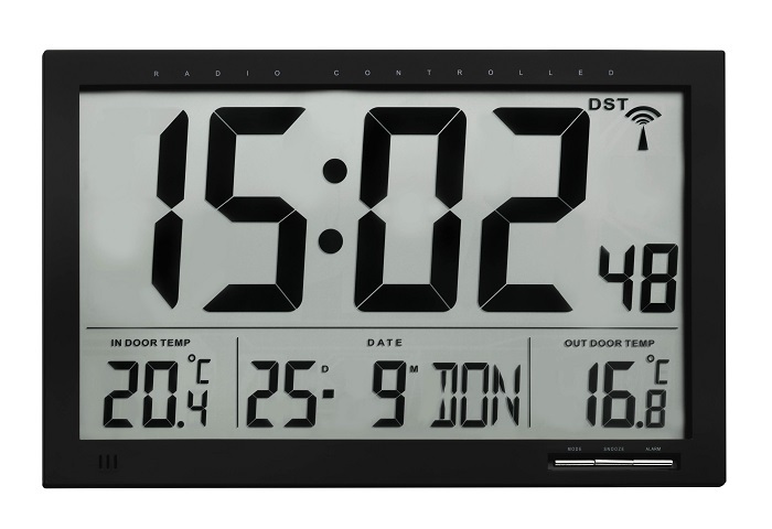 E-shop 60.4510.01 TFA Rádiom riadené nástenné XL hodiny s vnútornou/vonkajšou teplotou, čierne