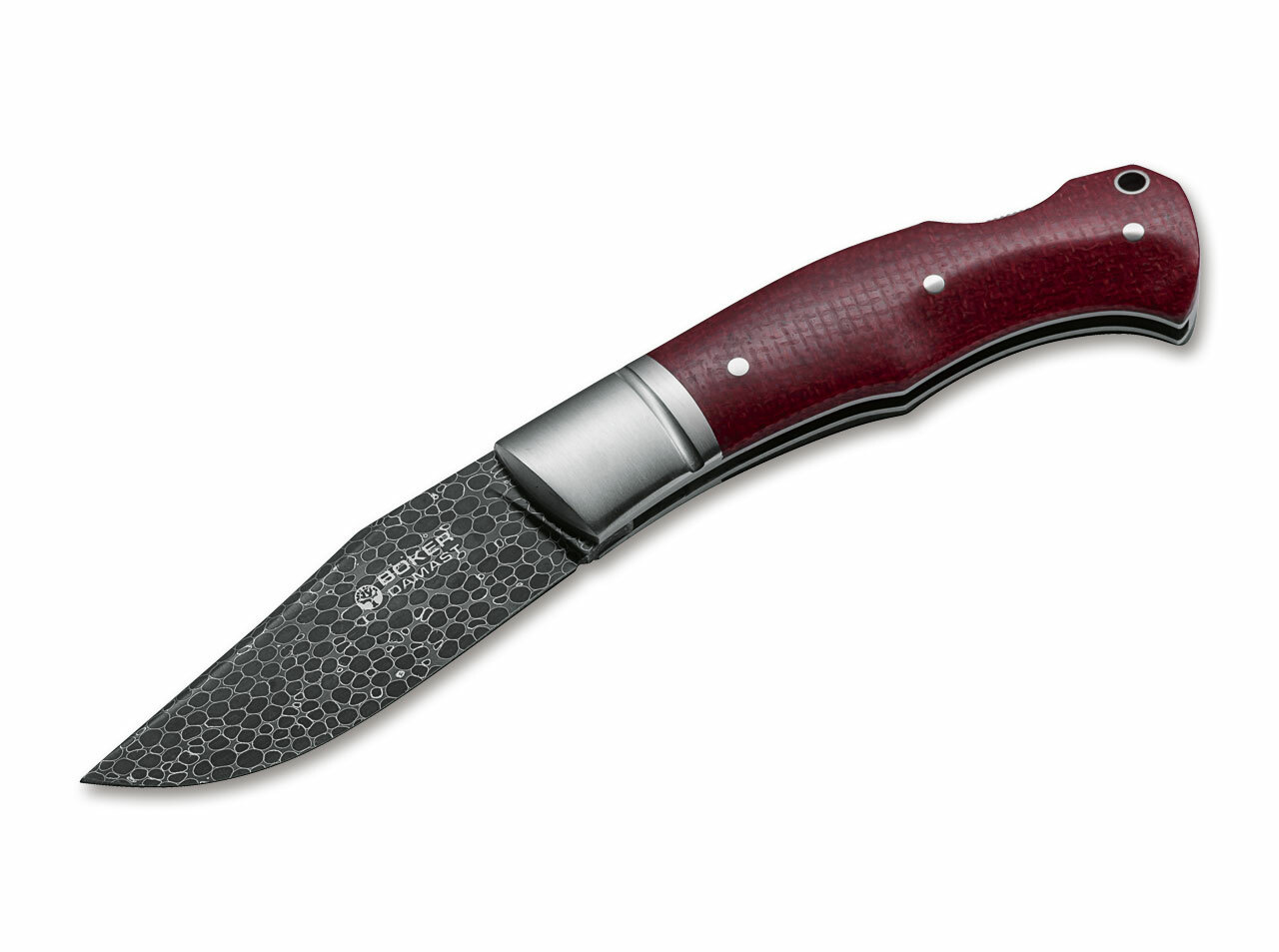 E-shop Böker 111025DAM BOXER DAMAST vreckový nôž 7,5 cm, damašek, červená, Micarta