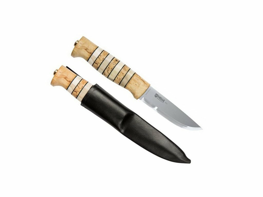 Helle 166009 ARV lovecký nôž 8,7 cm, drevo kučeravej brezy, paroh, kožené puzdro