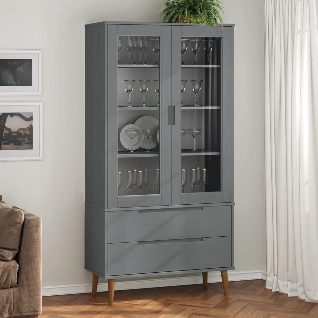 E-shop Multidom Vitrína MOLDE, sivá 90x35x175 cm, borovicový masív