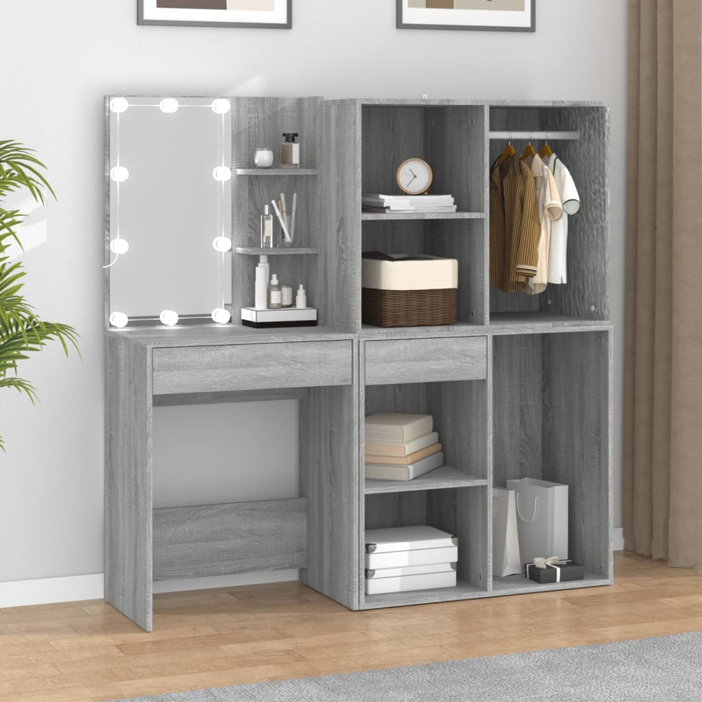 E-shop Multidom Toaletný stolík s LED a skrinkami sivý sonoma spracované drevo